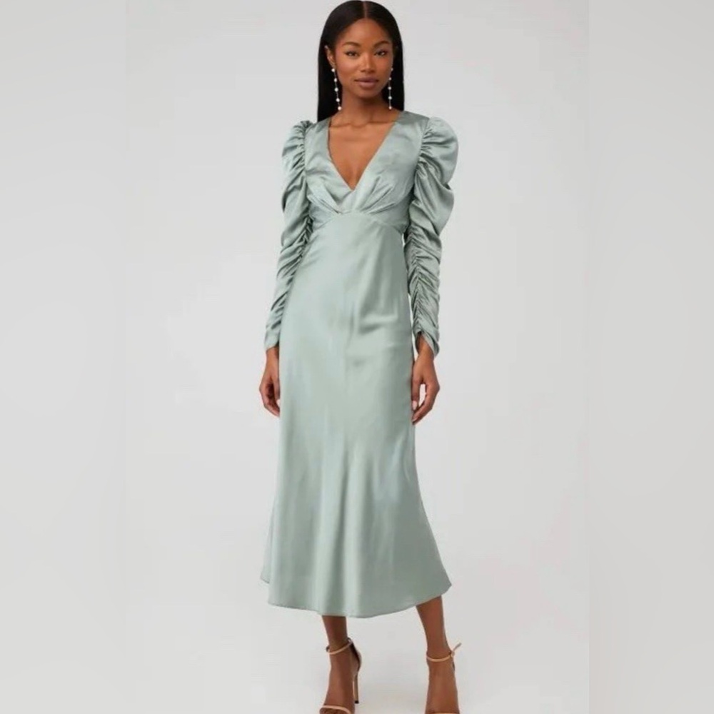 Line & Dot Sage Satin V-Neck Ruched Long Sleeve Dress